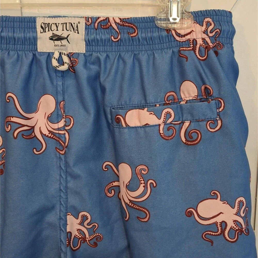 Spicy Tuna Octopus Swim Trunks Blue Mens L Beachcore Tropical Graphic Shorts